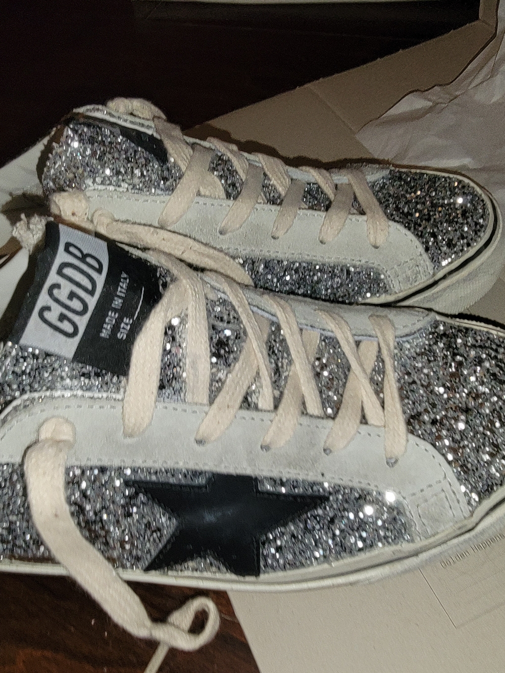 Golden Goose Women's Silver Glitter Low-Top Sneakers with Black Star Mules